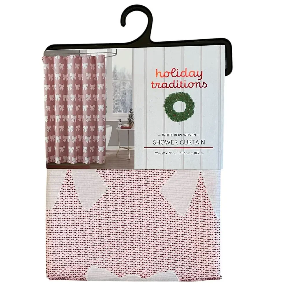 Holiday Traditions WHITE BOW Woven Shower Curtain  72x72 Red & White New